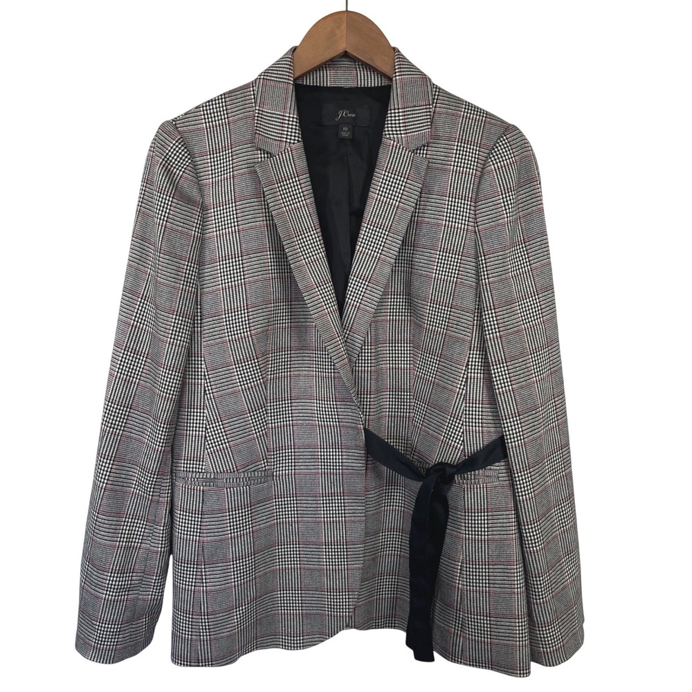 J.Crew Womens Glen Plaid Tie Waist Blazer 10 Gray Red Preppy Career Office Siren
